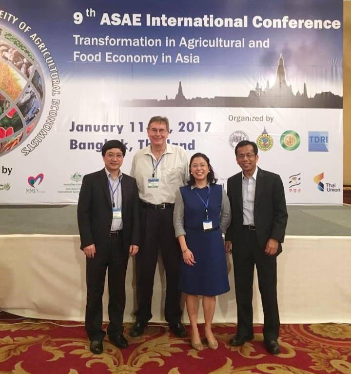 Dr. Ravago with the keynote speakers of the conference. L-R: Dr. Jikun Huang, China; Dr. Mark Rosegrant, IFPRI; Dr. Ravago, UPSE; Dr. Balisacan, Philippine Competition Commission (PCC) Chairman.