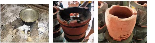 Left: Traditional three-brick. Centre: Original design of the cookstove. Right: The fuel efficient cookstove.