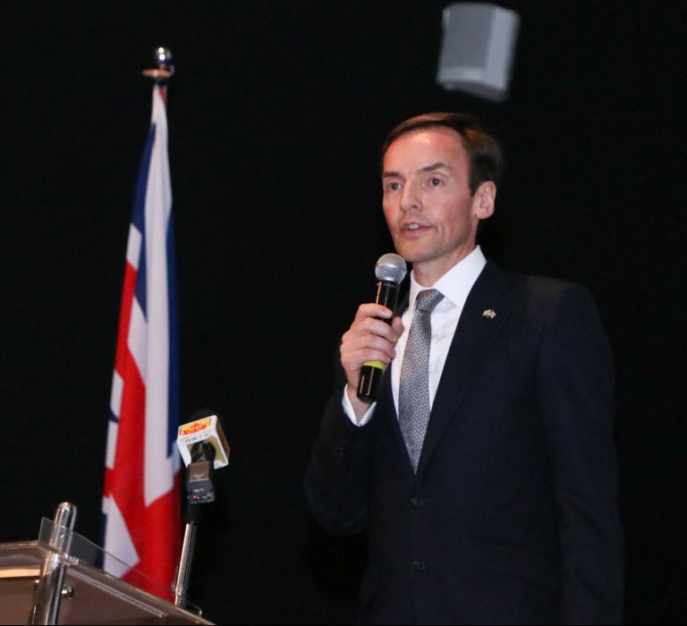 British High Commissioner Richard Lindsay delivering a speech during HM the Queen’s birthday event held on April 24, 2019 at the Empire Hotel & Country Club. Photo: Hazimul Wa’ie/The Scoop
