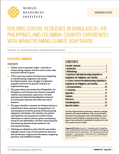 Building coastal resilience in Bangladesh, the Philippines, and Colombia: country experiences with mainstreaming climate adaptation