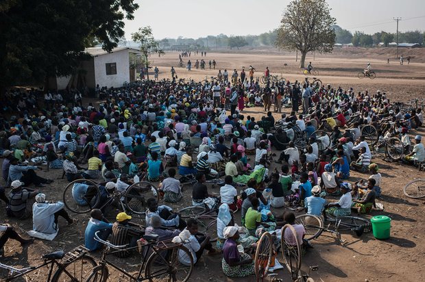 A food distribution briefing in Malikopo, Chikwawa, one of the areas of Malawi most affected by this year’s severe drought. Photograph: Andrew Renneisen/Getty Images
