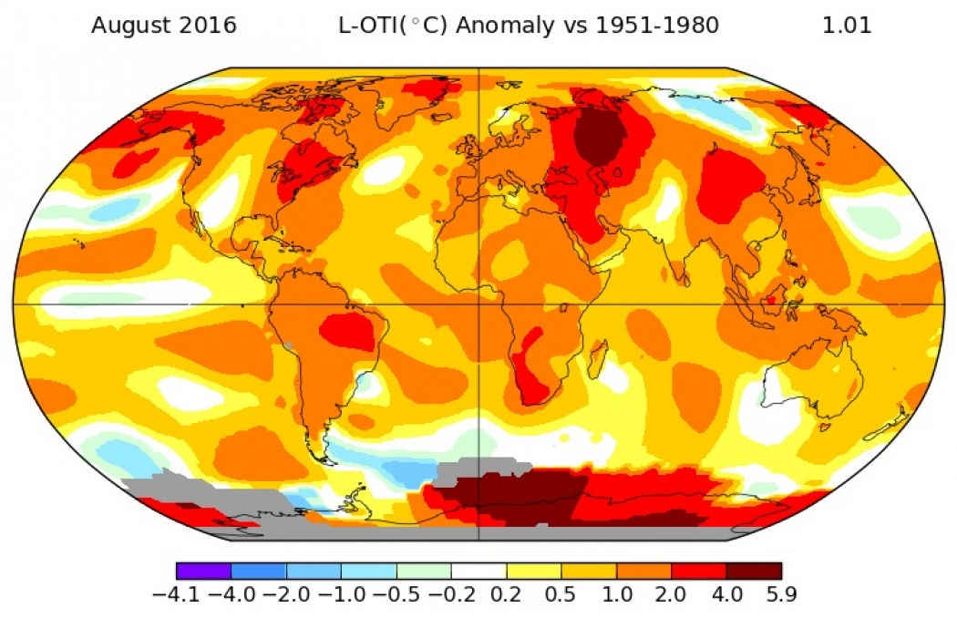 How temperatures across the globe compared with normal during August 2016. Credit: NASA
