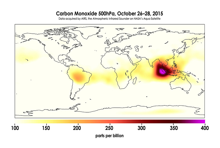 The global concentration of carbon monoxide at approximately 18,000 feet (5,500 meters) altitude, as measured in hectopascals (a measurement of barometric pressure), from October 26 to 28, 2015. It is estimated that more than 43 million people have been inhaling toxic fumes, and large parts of Indonesia have been placed in a state of emergency. Credit: JPL/NASA.