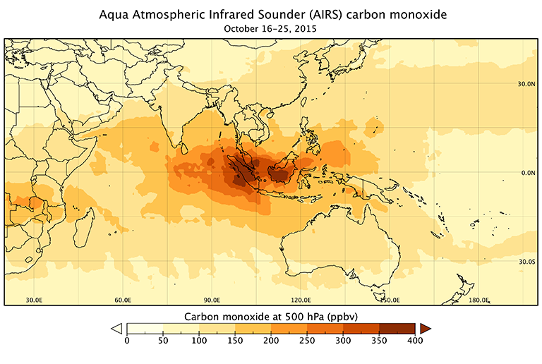 A closer view of carbon monoxide concentration over Indonesia, from October 16 to 25, 2015. Credit: Robert Field, NASA GISS/Columbia University.