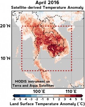 Satellite data shows that temperatures in April 2016 soared to as much as 6-7 degrees Celsius (about 11-13 degrees Fahrenheit) higher on Southeast Asia's mainland than the average April temperature of the region during 2000-2006. Credit: Kaustubh Thirumalai