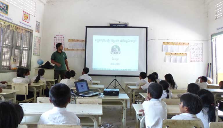 The Angkor Centre for Conservation of Biodiversity (ACCB) provides education activities in local Cambodian schools. The organization says that foreign assistance is still crucially needed to protect Cambodia’s environment. Photo courtesy of ACCB