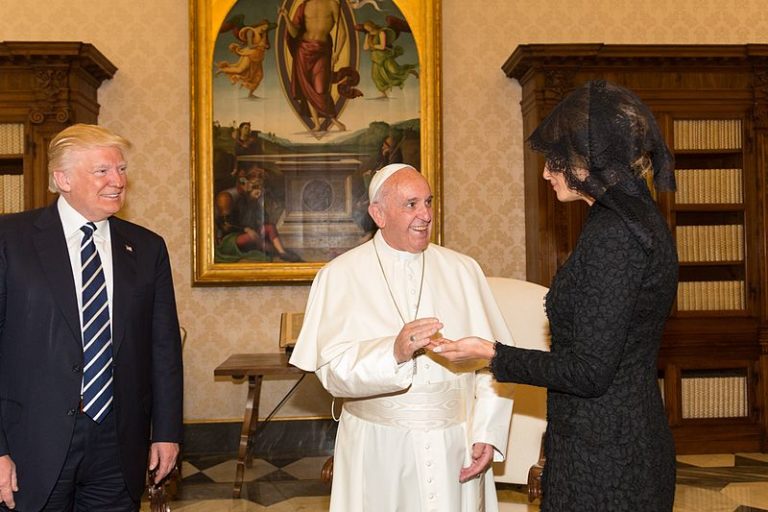 Pope Francis greets First Lady Melania Trump with a smile. The pope and the U.S. president are worlds apart on climate change, with the pontiff seeing it as a looming threat to civilization and especially to the world’s poor, while Trump has called global warming “a hoax” and pulled out of the Paris Agreement. White House photo licensed under the Creative Commons Attribution 3.0 United States license.