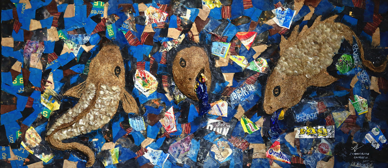 Food wrappers become an artistic medium in Riem Monisilong’s art. (Siv Channa/The Cambodia Daily)