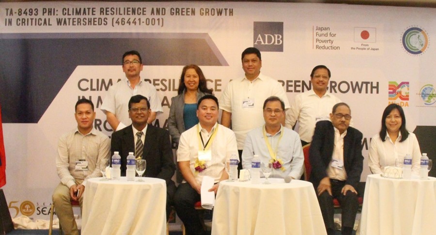 Seated from left: Mr. Roly Pinsoy (MinDA), Dr. Ancha Srinavasan (ADB), Mr. Abul Khayr Amalon Alonto II (MinDA), Commissioner Noel Gaerlan (CCC), Dr. Candido Cabrido (SEARCA TA 8493 Team), and Ms. Araceli Dela Fuente (DENR); standing from left: Dr. Takayuki Hatano and Ms. Nelflor Jo Atienza (CTI), Mr. Julius Francisco (WCI), and Dr. Lope B. Santos III (SEARCA), during the press conference at the Conference on Climate Resilience and Green Growth in Mindanao held on 9 May 2017 in Davao City, Philippines