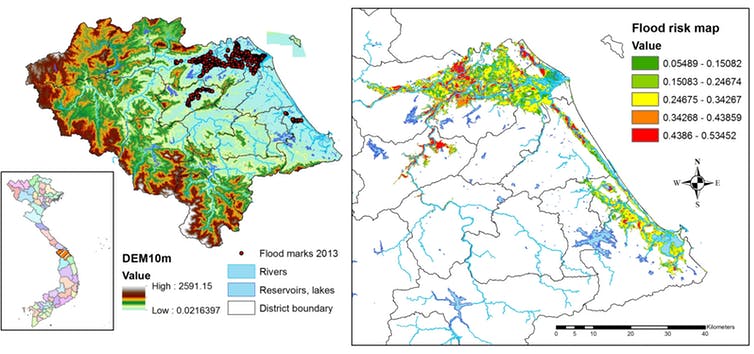 Left: flooding hazard map for Quang Nam province. Right: risk of flooding impacts on residents, calculated on the basis of flood hazards from the left map, plus people’s exposure and vulnerability. Author provided