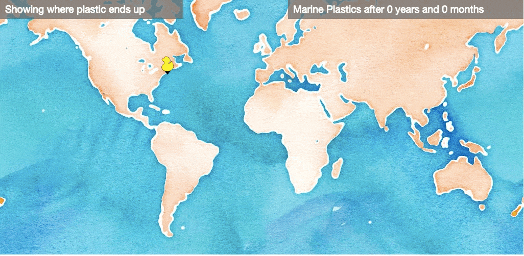 A gif taken from the website plasticadrift.org showing how plastic jetsam spreads across the Atlantic Ocean.