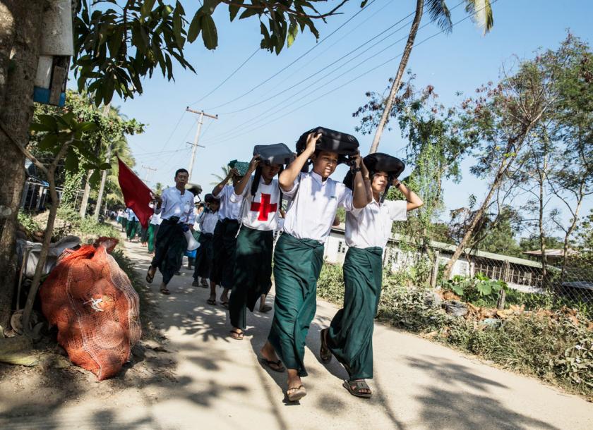 School children join the first tsunami drill at BEHS 1 Kungyangon in Yangon in January. Zarni Phyo/The Myanmar Times