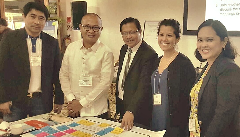 The Philippine delegates (from left) Mr. Alexis Lapiz, Mr. Jerome Ilagan, Dr. Lope B. Santos III, and Mylene Claudio, together with Ms. Ann Hammill (second from the right), National Adaptation Plan Global Network Director, participate in the Targeted Topics Forum in Nadi, Fiji.