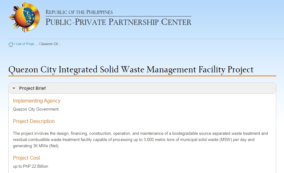 Screen capture of the description of one of the "green" public-private partnership projects undertaken by the local government of Quezon City