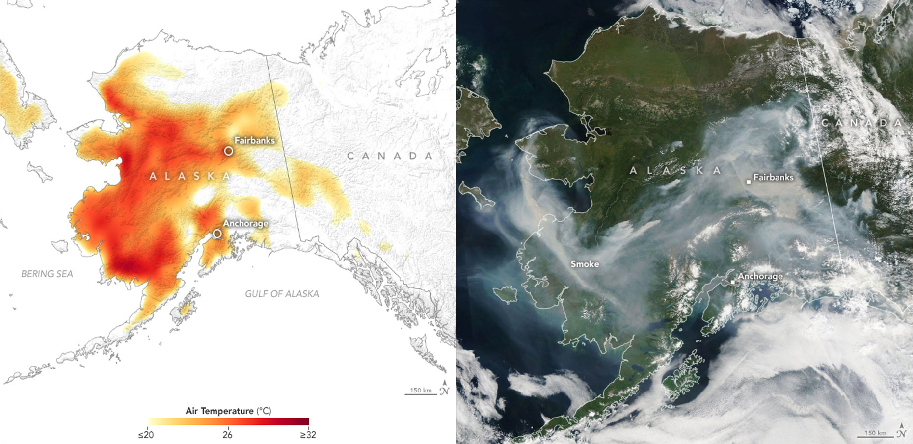 In June and early July 2019, a heat wave in Alaska broke temperature records, as seen in this July 8 air temperature map (left). The corresponding image from the Moderate Resolution Imaging Spectroradiometer (MODIS) instrument on the Aqua satellite on the right shows smoke from lightening-triggered wildfires. Credit: NASA Earth Observatory