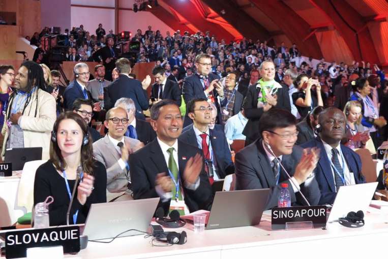 Dr. Vivian Balakrishnan (foreground, second from left) attends the World Climate Change Conference 2015 in Paris.PHOTO: VIVIAN BALAKRISHNAN/FACEBOOK