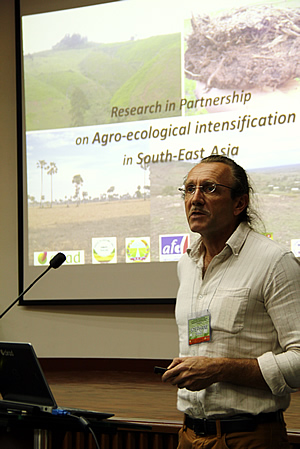 Mr. Stéphane Boulakia, agronomist at CIRAD, presents on conservation agriculture initiatives in Cambodia