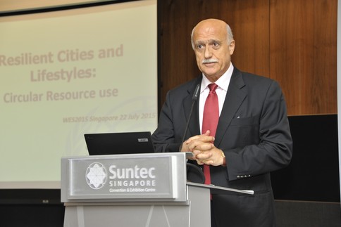 Dr Arab Hoballah of the Division of Technology, Industry and Economics at the UN Environment Programme, speaking at the World Engineers Summit on Climate Change 2015. He said that cities should adopt the circular economy in order to cultivate resilience to climate change. Image: Institution of Engineers Singapore