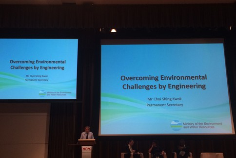 Choi Shing Kwok, permanent secretary, Ministry of the Environment and Water Resources, speaks on overcoming environmental challenges by engineering at the Engineers and Sustainable Development Forum 2015. Image: Eco-Business