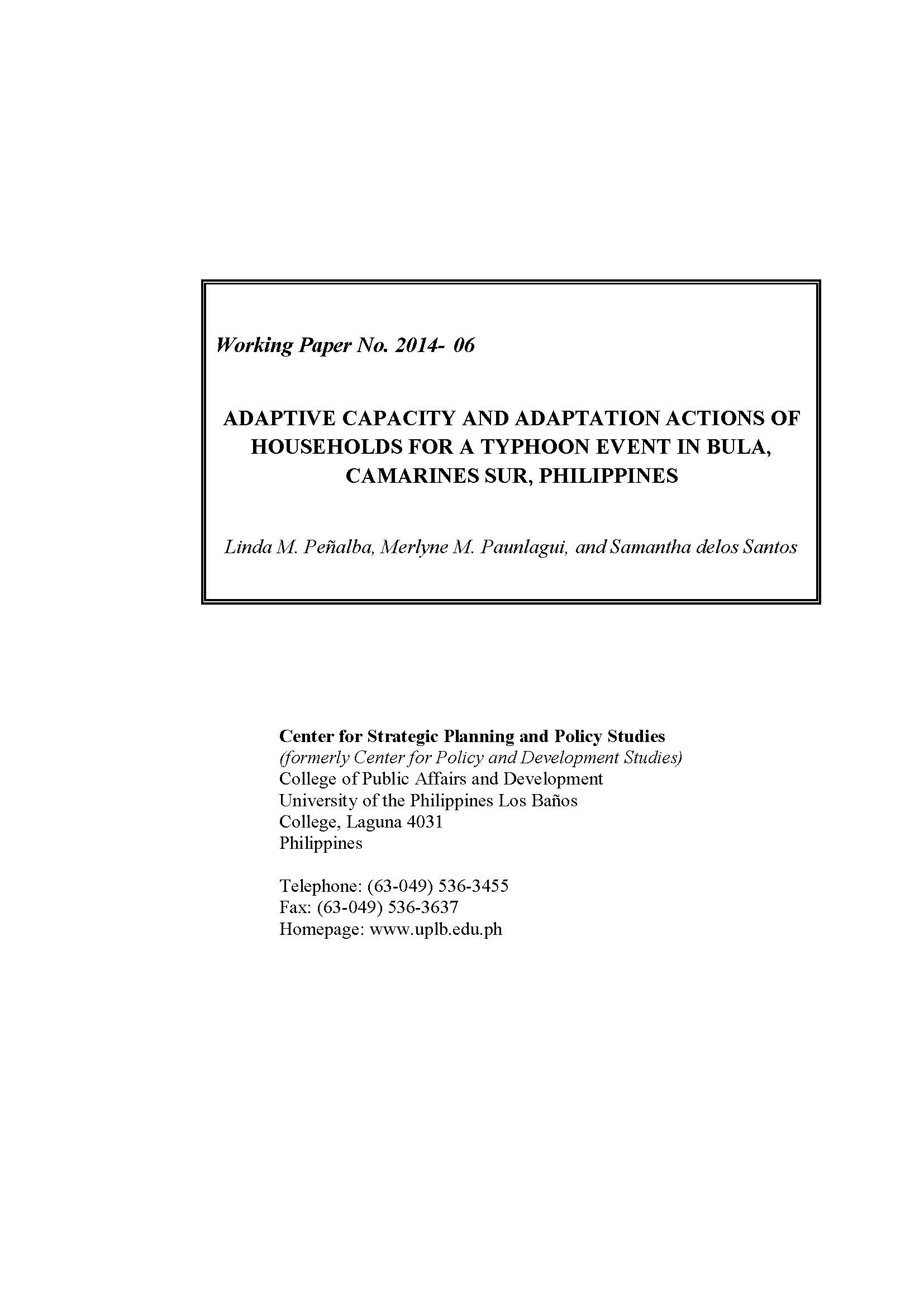 Adaptive Capacity and Adaptation Actions of Households for a Typhoon Event in Bula, Camarines Sur, Philippines